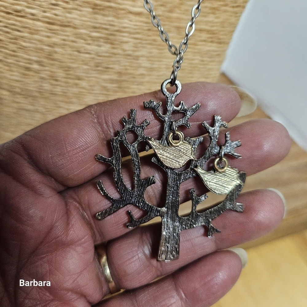 2 Birds in a Silver-tone Tree Pendant Necklace